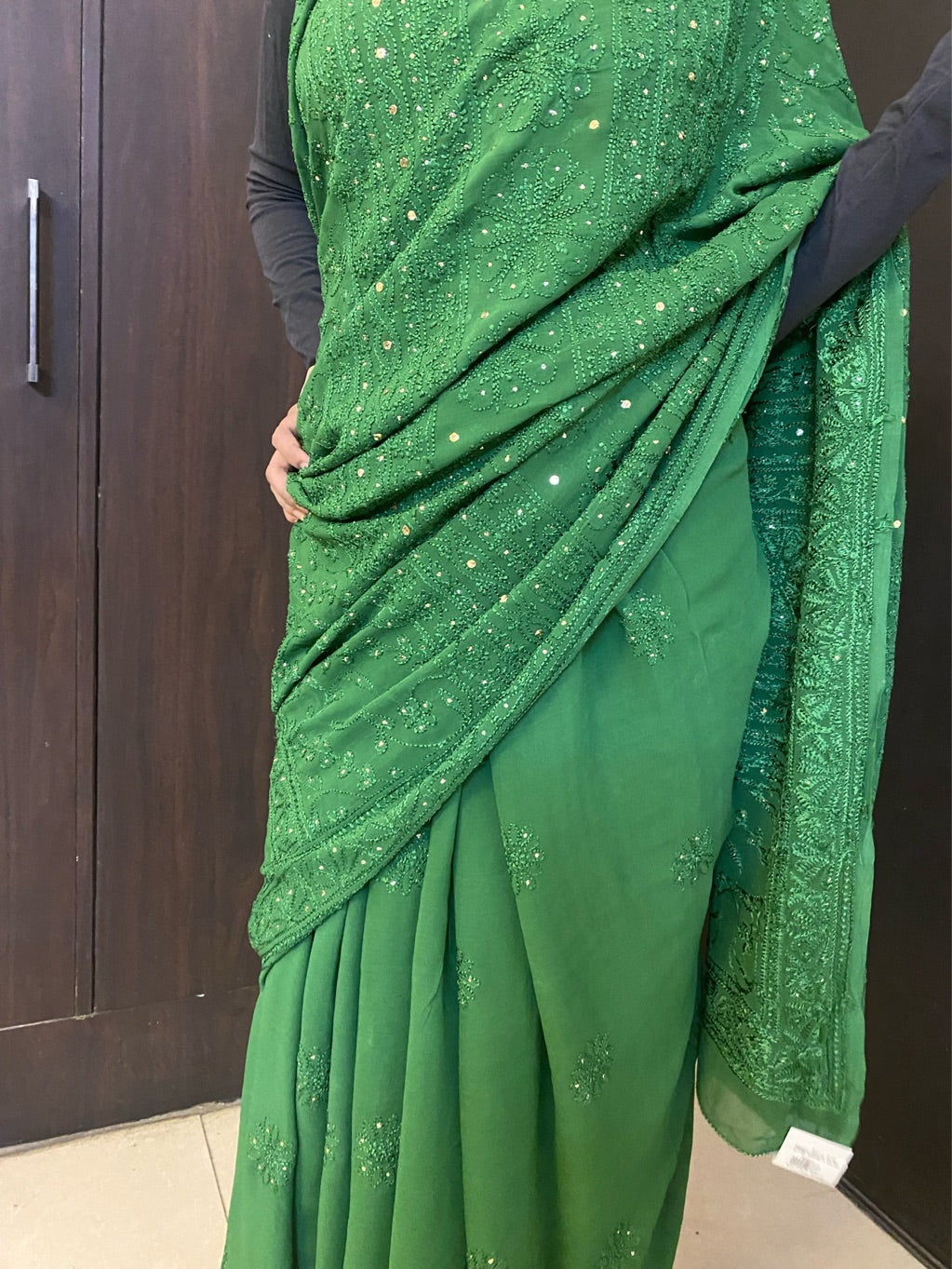 Bottle Green Chikankari Mukaish Saree