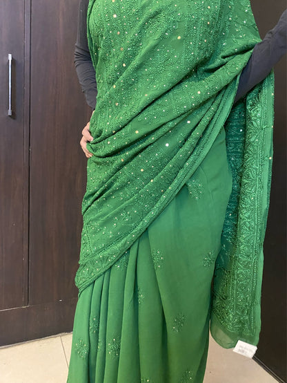 Bottle Green Chikankari Mukaish Saree - Famous Chikankari