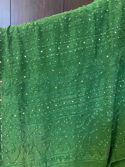 Bottle Green Chikankari Mukaish Saree - Famous Chikankari