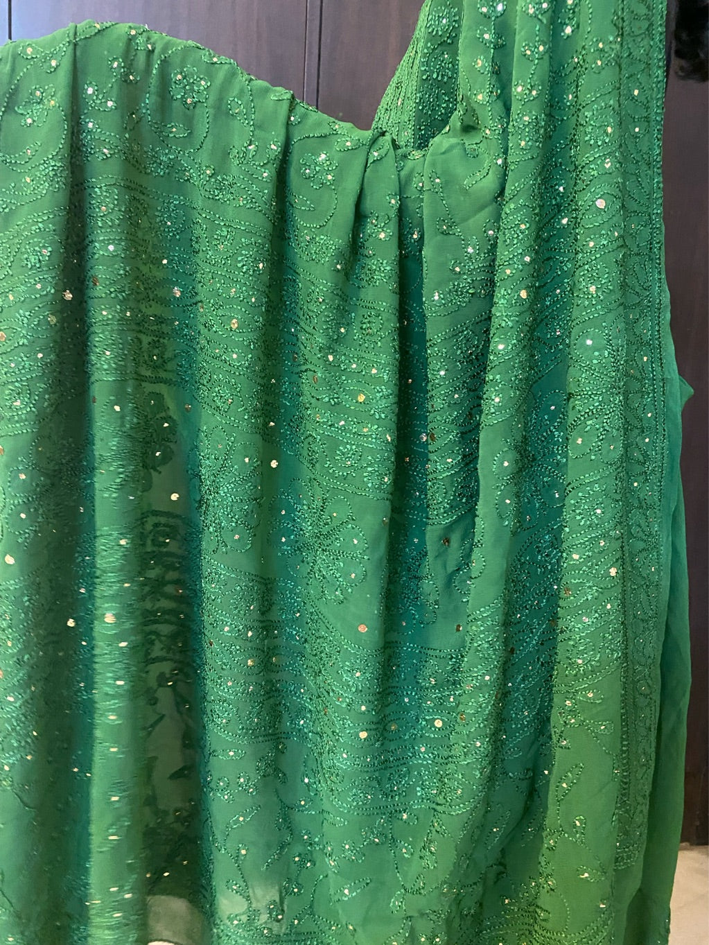 Bottle Green Chikankari Mukaish Saree