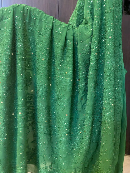 Bottle Green Chikankari Mukaish Saree - Famous Chikankari