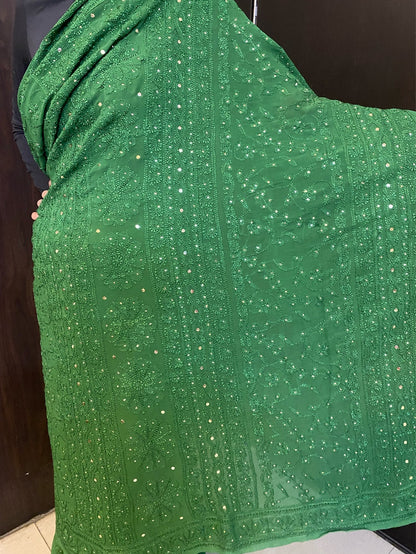 Bottle Green Chikankari Mukaish Saree - Famous Chikankari