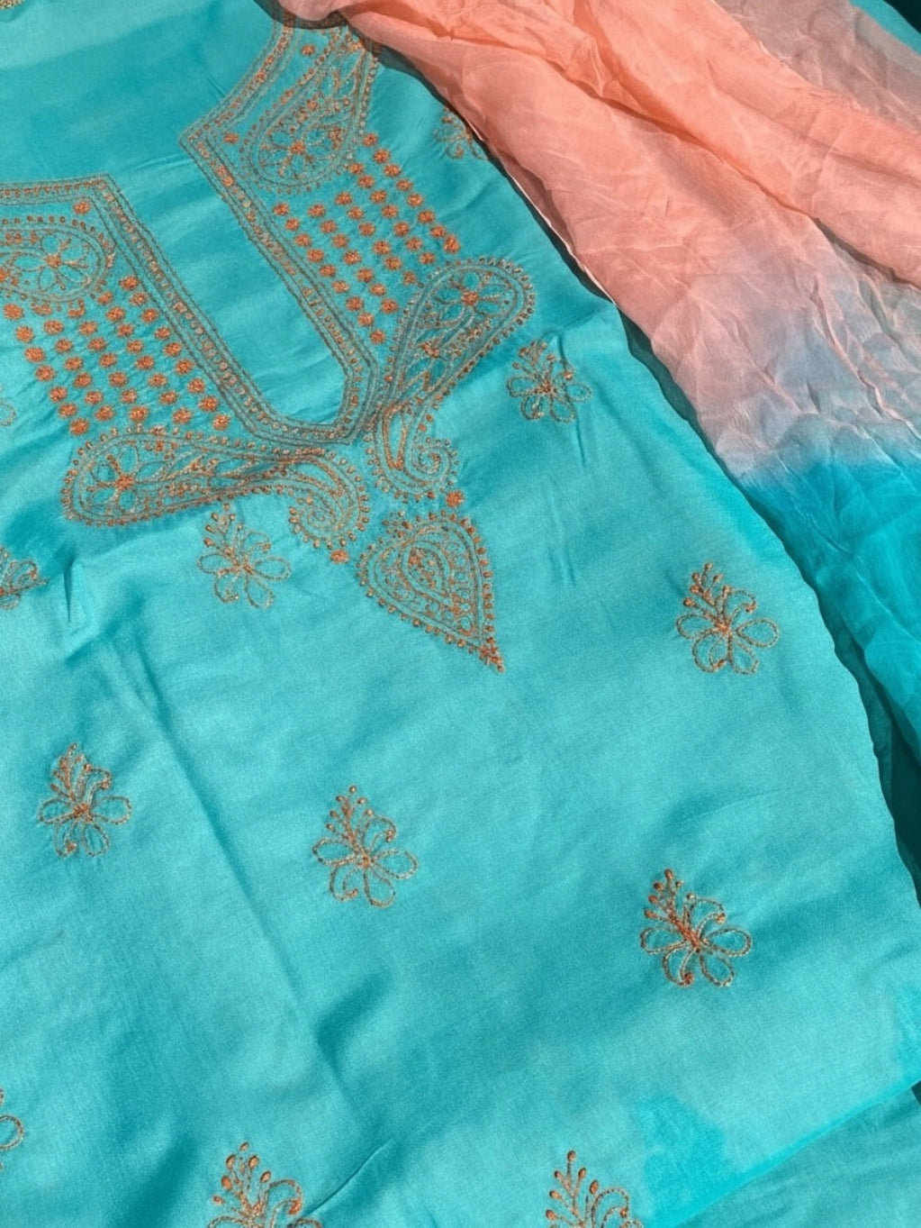 Green Chikankari Unstiched Cotton Dress Material