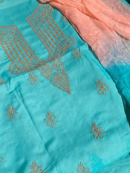 Green Chikankari Unstitched Cotton Dress Material - Famous Chikankari