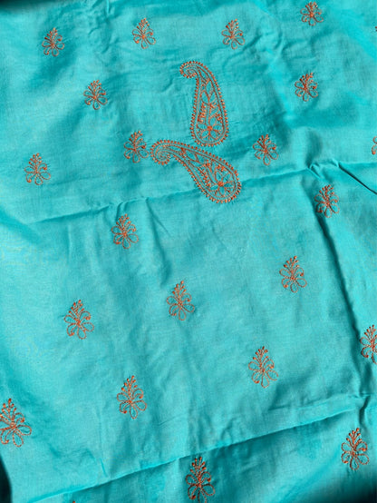 Green Chikankari Unstitched Cotton Dress Material - Famous Chikankari