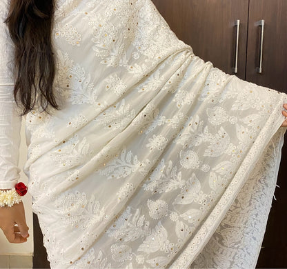 Beautiful White Viscose Chikankari And Mukaish Heavy Work Saree - Famous Chikankari