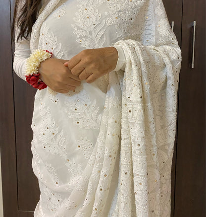 Beautiful White Viscose Chikankari And Mukaish Heavy Work Saree - Famous Chikankari