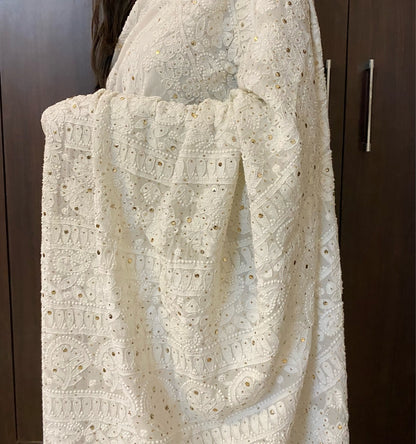 Beautiful White Viscose Chikankari And Mukaish Heavy Work Saree - Famous Chikankari
