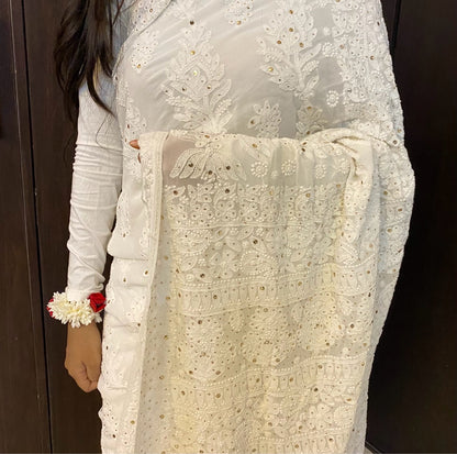 Beautiful White Viscose Chikankari And Mukaish Heavy Work Saree - Famous Chikankari