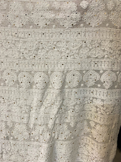 Beautiful White Viscose Chikankari And Mukaish Heavy Work Saree - Famous Chikankari