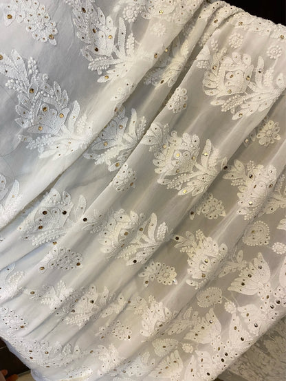 Beautiful White Viscose Chikankari And Mukaish Heavy Work Saree - Famous Chikankari