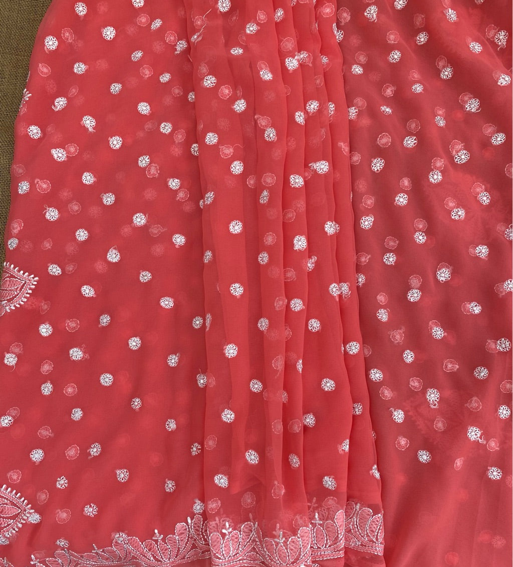Carrot Pink Chikankari Saree Full Kangan Work