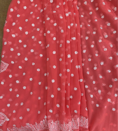 Carrot Pink Chikankari Saree Full Kangan Work - Famous Chikankari