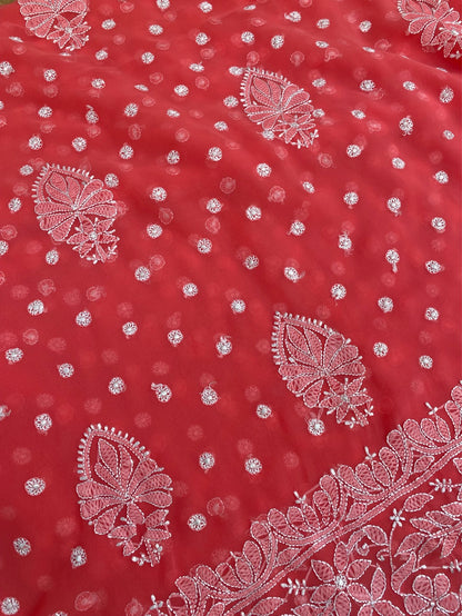 Carrot Pink Chikankari Saree Full Kangan Work - Famous Chikankari