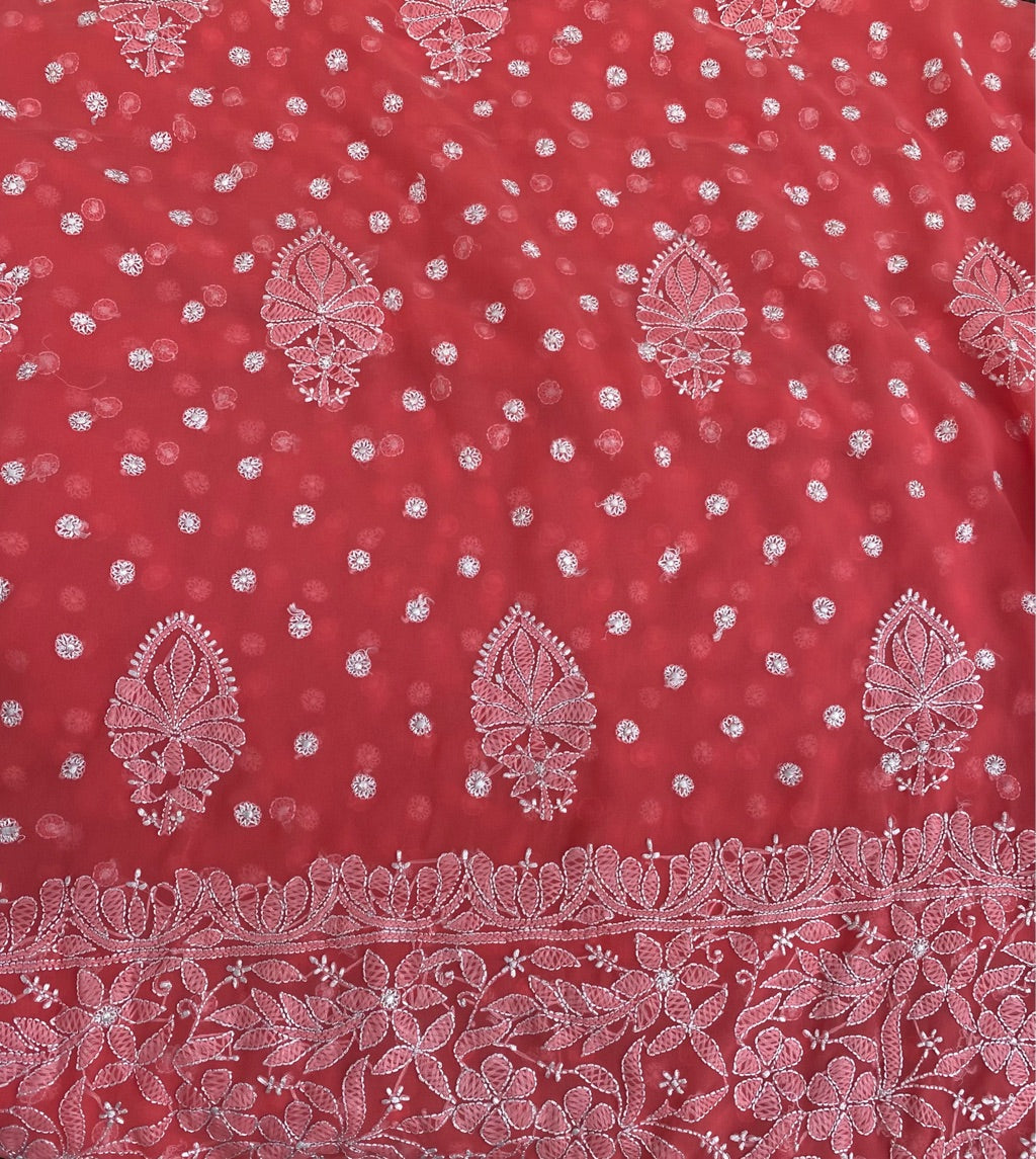 Carrot Pink Chikankari Saree Full Kangan Work
