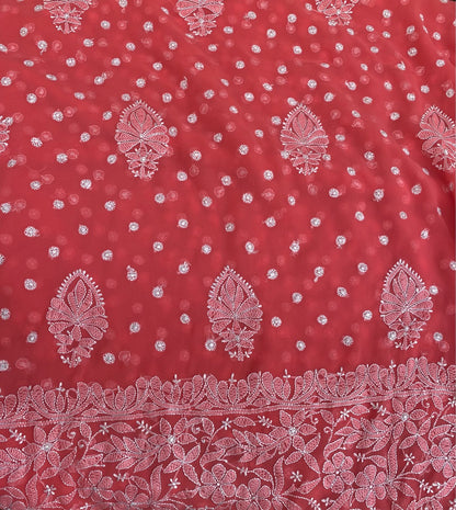 Carrot Pink Chikankari Saree Full Kangan Work - Famous Chikankari