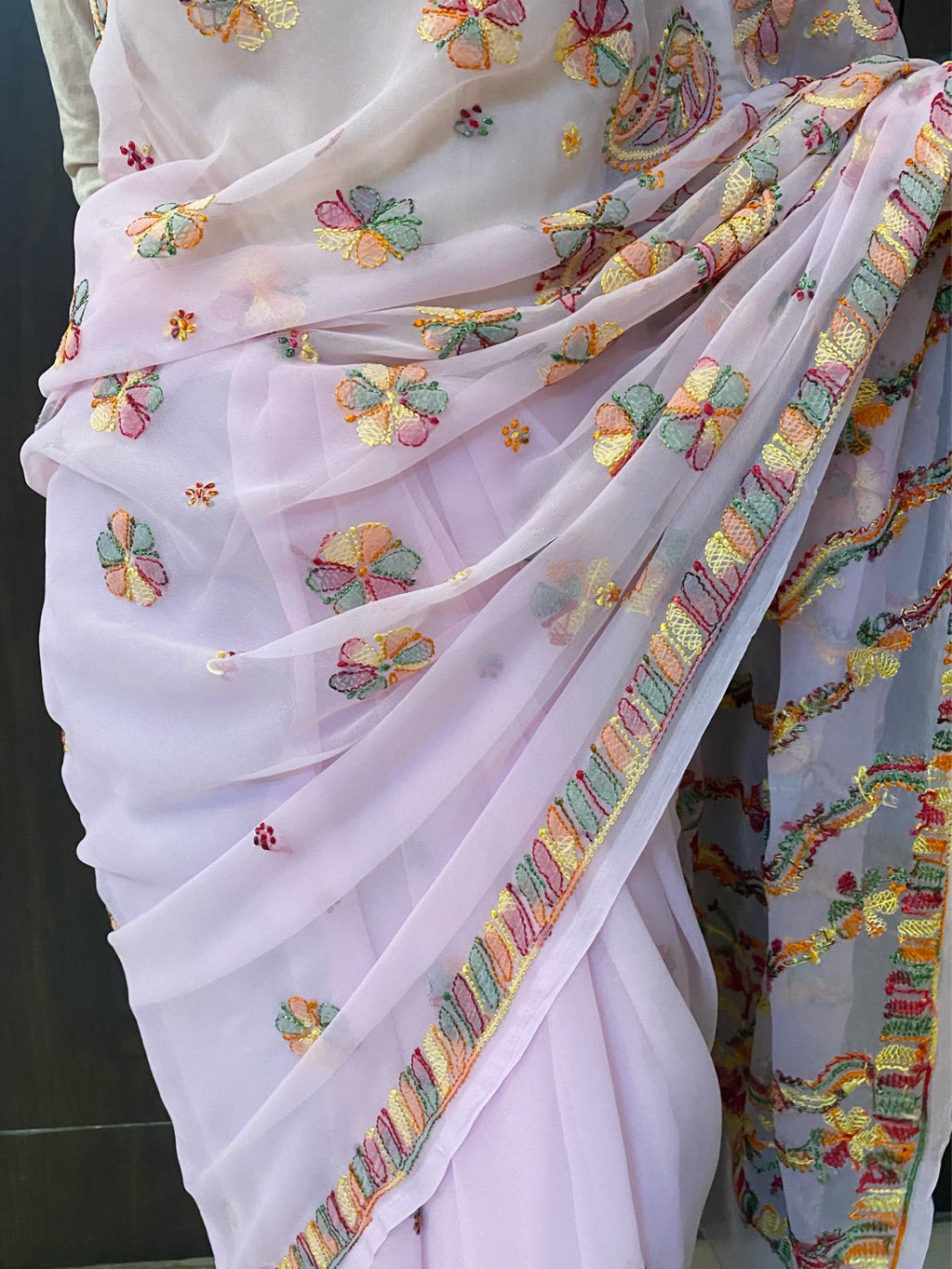 Pink Chikankari Multi Embroidered Saree