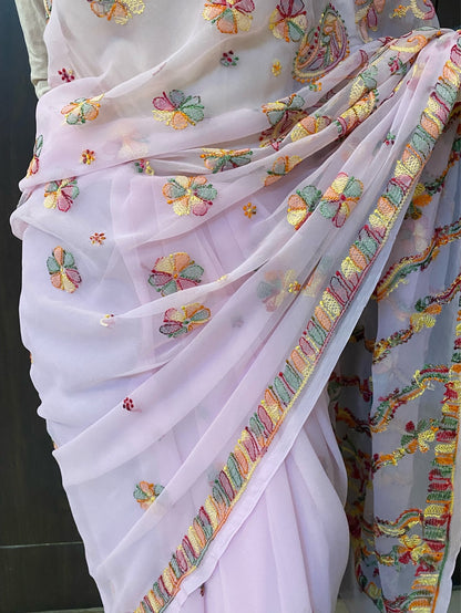 Pink Chikankari Multi Resham Embroidered Saree - Famous Chikankari