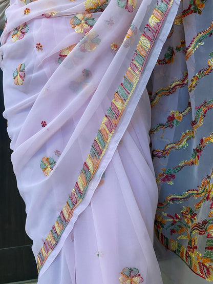 Pink Chikankari Multi Resham Embroidered Saree - Famous Chikankari