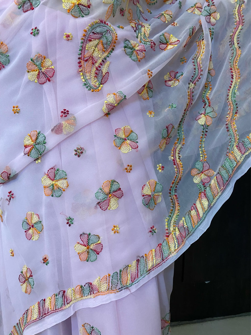 Pink Chikankari Multi Embroidered Saree