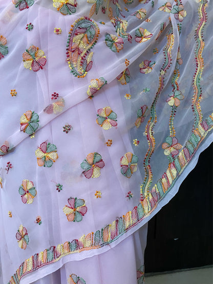 Pink Chikankari Multi Resham Embroidered Saree - Famous Chikankari