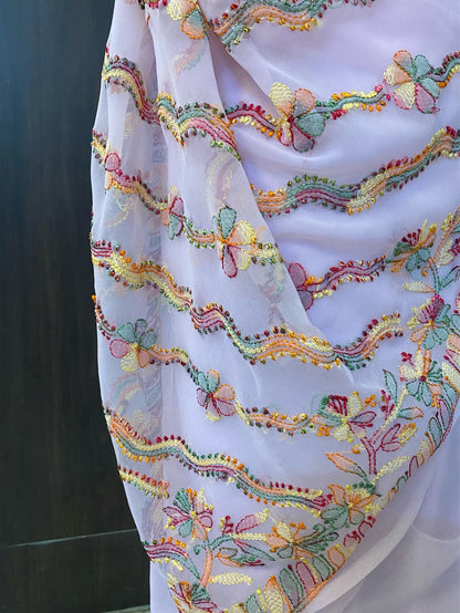 Pink Chikankari Multi Resham Embroidered Saree - Famous Chikankari