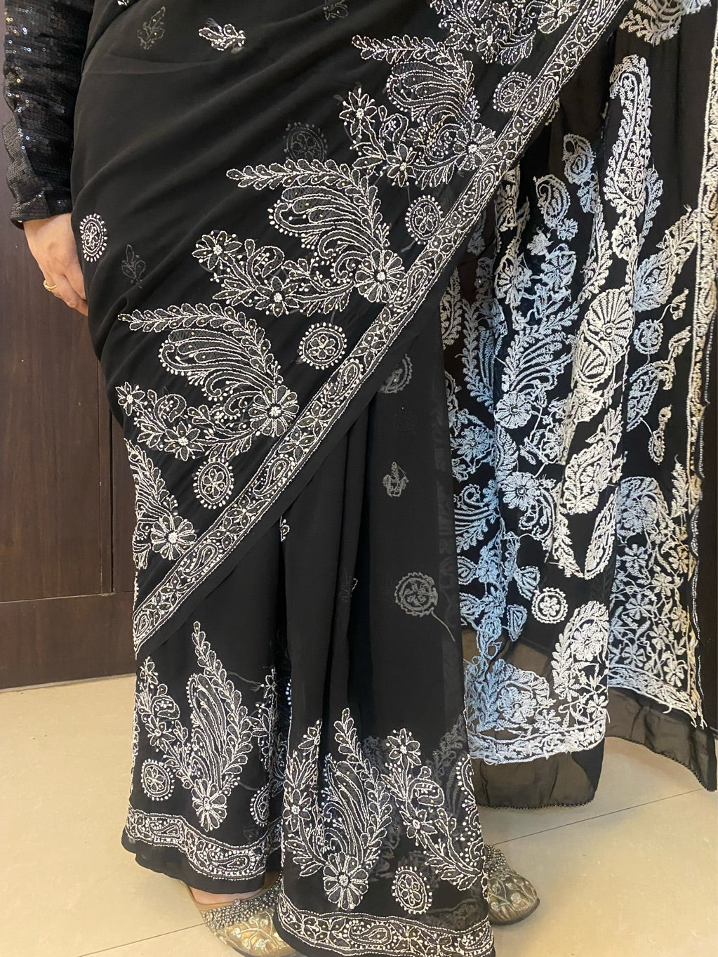 Black Chikankari Mukaish Embroidered Saree
