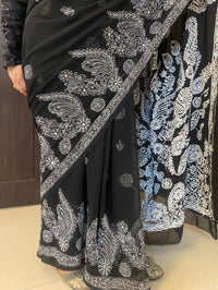 Black Chikankari Mukaish Embroidered Saree