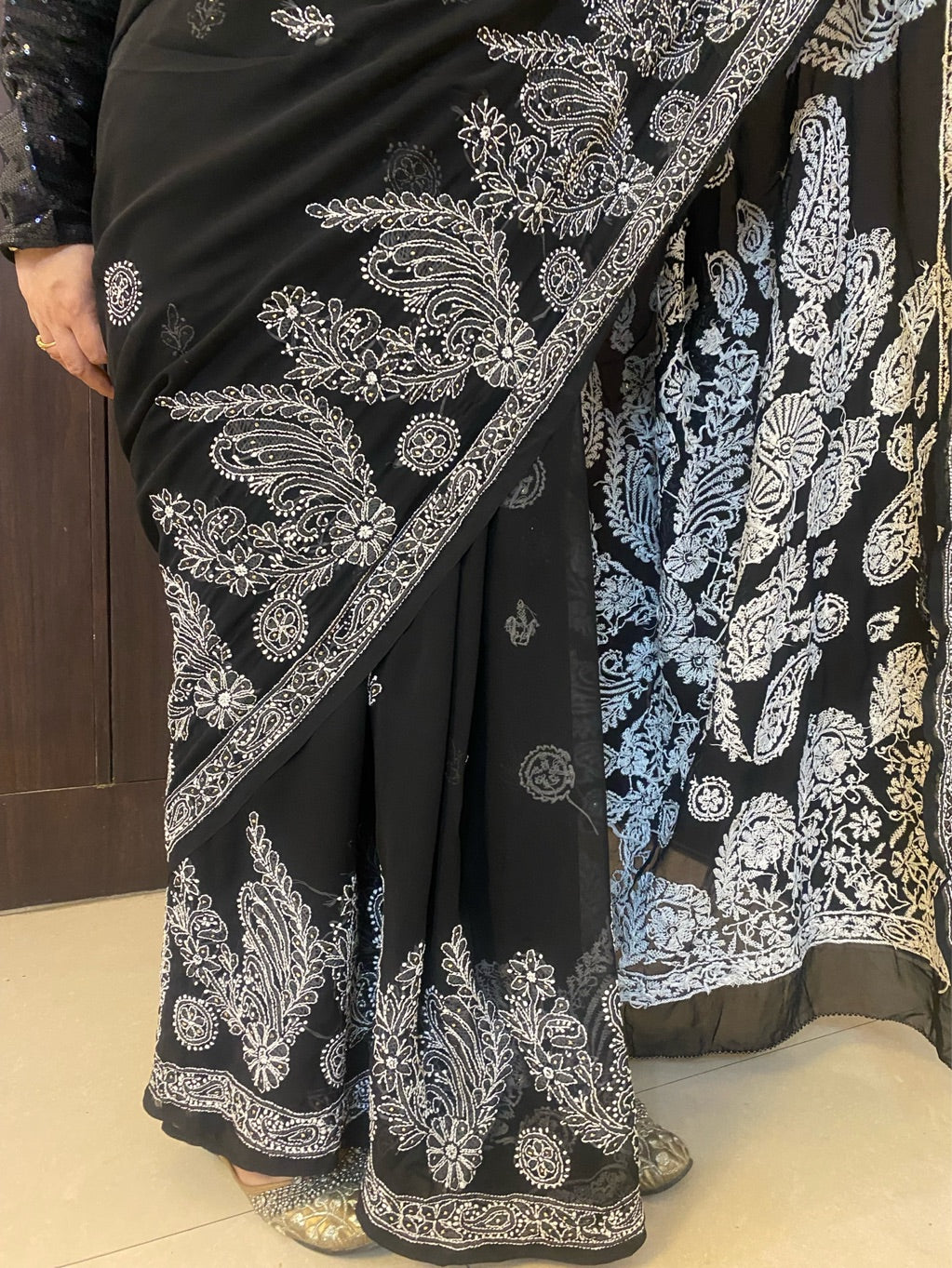 Black Chikankari Mukaish Embroidered Saree