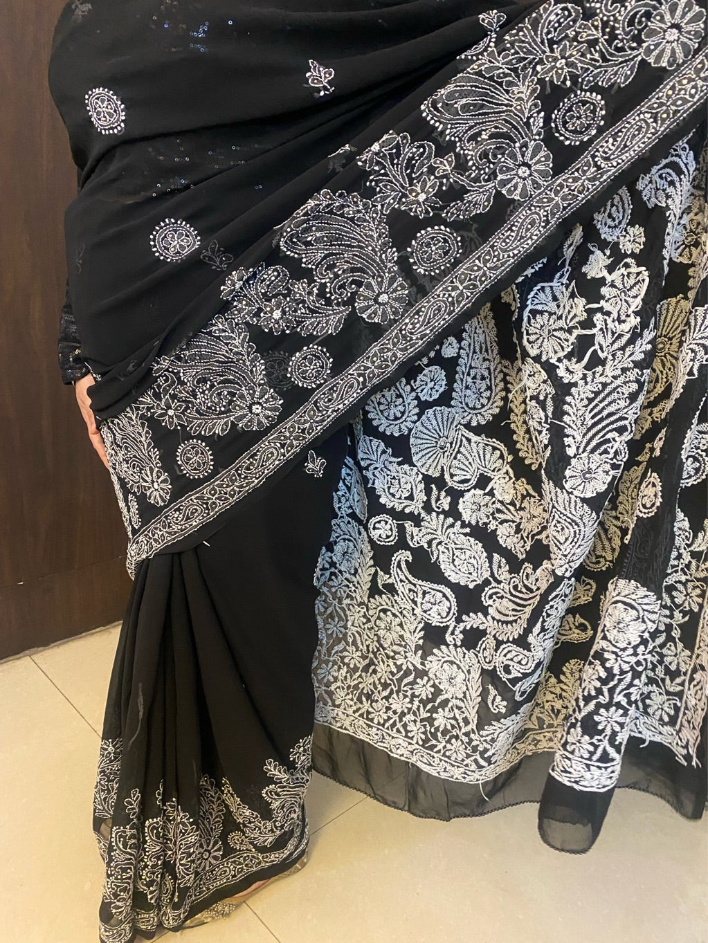 Black Chikankari Mukaish Embroidered Saree