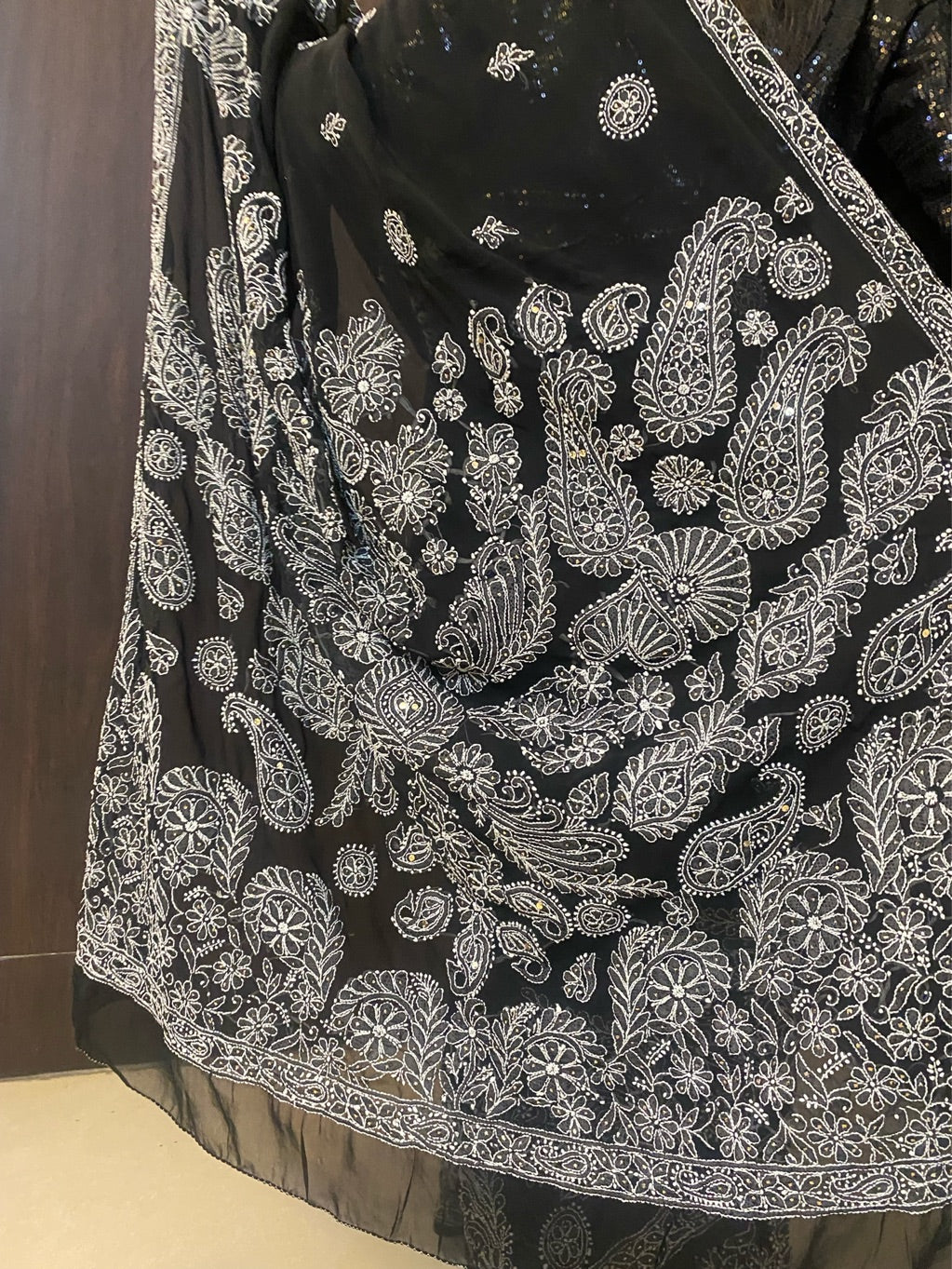 Black Chikankari Mukaish Embroidered Saree