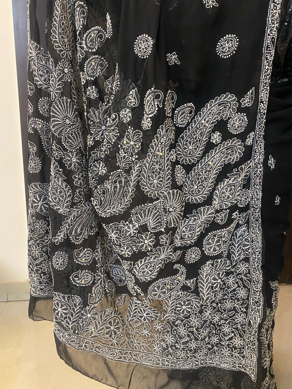 Black Chikankari Mukaish Embroidered Saree