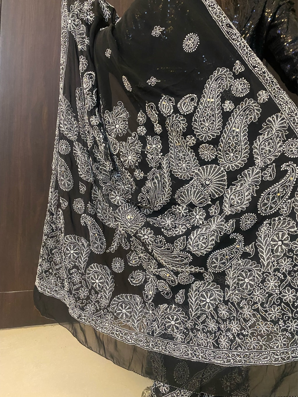 Black Chikankari Mukaish Embroidered Saree