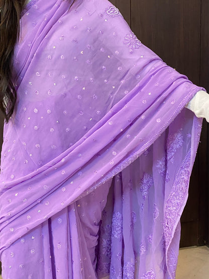 Lilac Chikankari Viscose Georgette Heavy Saree - Famous Chikankari