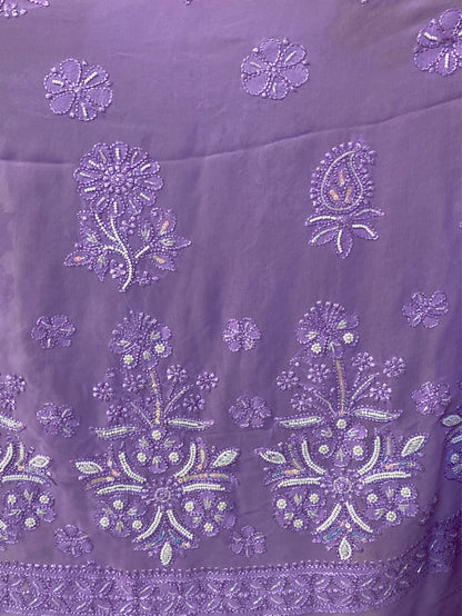 Lilac Chikankari Viscose Georgette Heavy Saree - Famous Chikankari