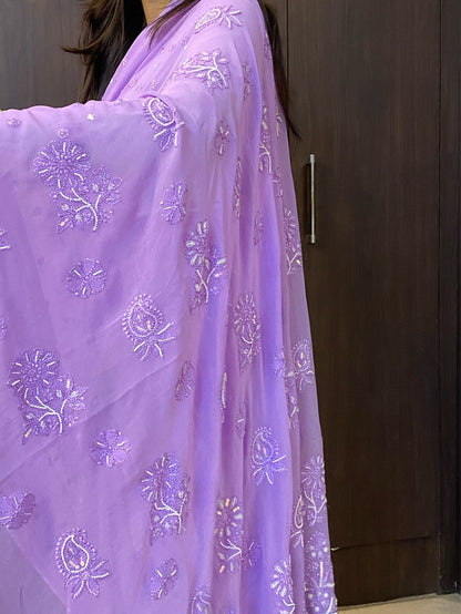 Lilac Chikankari Viscose Georgette Heavy Saree - Famous Chikankari