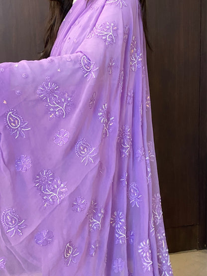 Lilac Chikankari Viscose Georgette Heavy Saree - Famous Chikankari