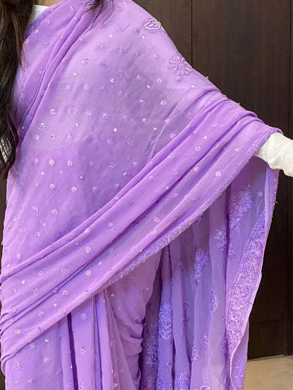 Lilac Chikankari Viscose Georgette Heavy Saree - Famous Chikankari
