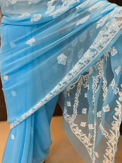 Blue Chikankari Resham Embroidered Saree - Famous Chikankari