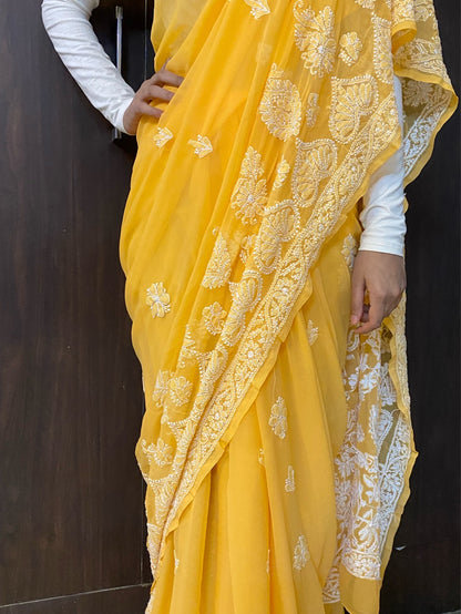 Mango Yellow Chikankari Skirt Embroidered Saree - Famous Chikankari