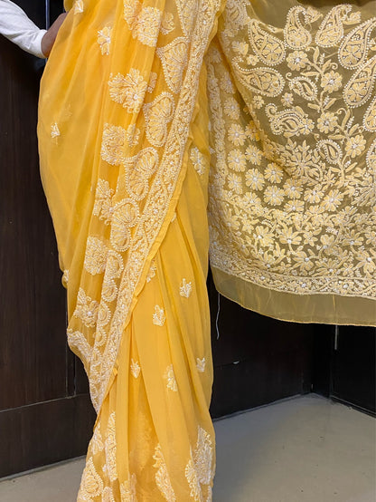 Mango Yellow Chikankari Skirt Embroidered Saree - Famous Chikankari