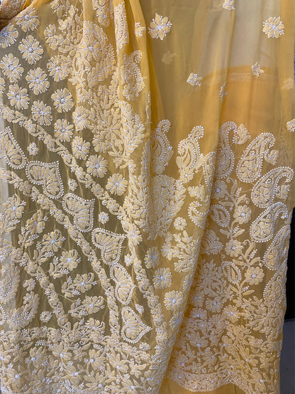 Mango Yellow Chikankari Skirt Embroidered Saree - Famous Chikankari