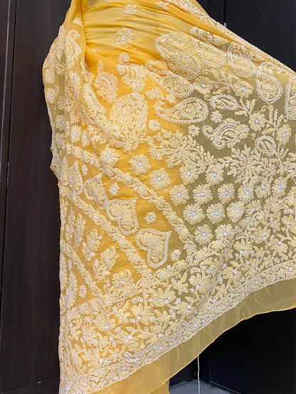 Mango Yellow Chikankari Skirt Embroidered Saree - Famous Chikankari