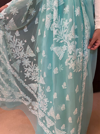 Sea Green Chikankari White Embroidered Saree - Famous Chikankari