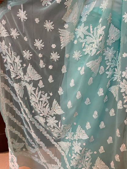 Sea Green Chikankari White Embroidered Saree - Famous Chikankari