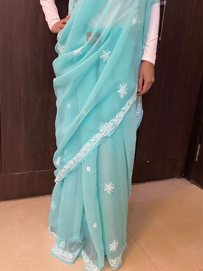 Sea Green Chikankari White Embroidered Saree - Famous Chikankari