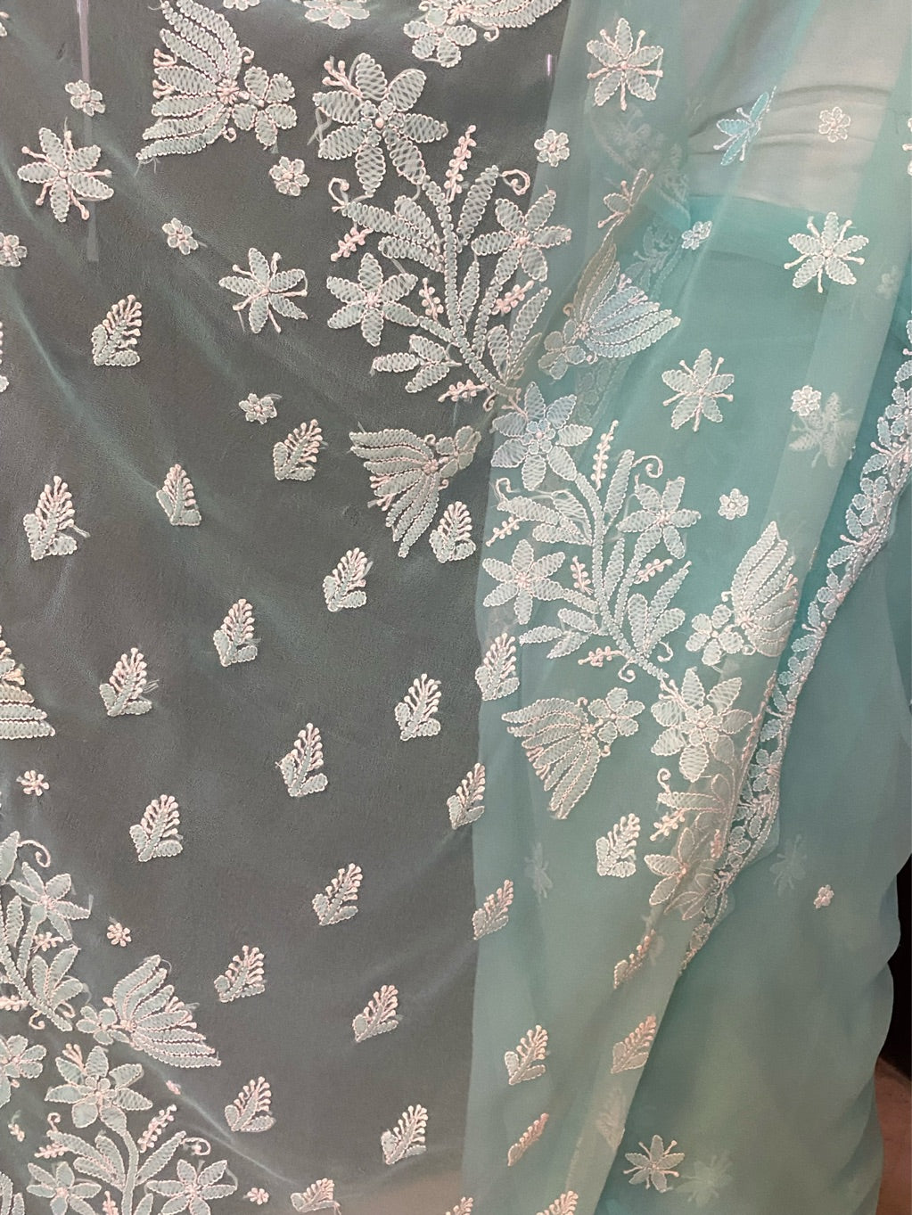 Sea Green Chikankari White Embroidered Saree