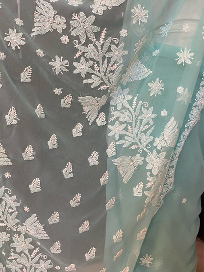 Sea Green Chikankari White Embroidered Saree - Famous Chikankari