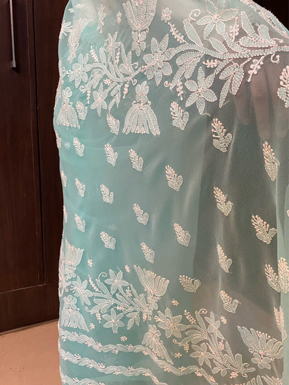 Sea Green Chikankari White Embroidered Saree - Famous Chikankari