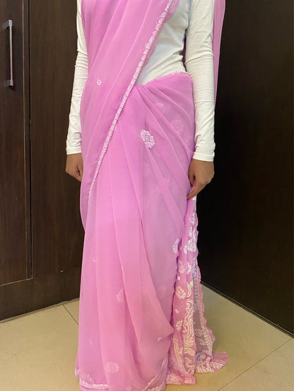 Pink Chikankari Embroidered Faux Georgette Saree - Famous Chikankari
